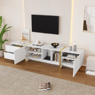 UK Local TV Stand For 85inch TV, Entertainment Center With Storage Cabinet And Open Shelves, Embossed Pattern TV Stand, TV Cabinet And Media Console For Living Room, Bedroom, White