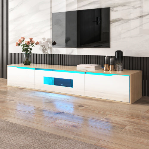 UK Local TV Cabinet, High Gloss TV Cabinet, Color Matching High-glosswhite And Wood Color, With Color Changing LED Light.