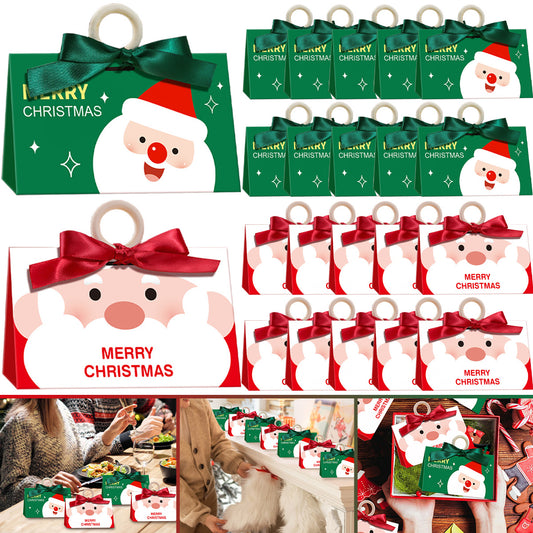 US Local 10 Pack Christmas Candy Boxes With Ribbon And Wooden Ring Merry Cartoon Paper Treat Boxes Christmas Santa Claus Pattern Cookie Goodies Box For Christmas Birthday Wedding Gift Wrapping Holiday Party Su