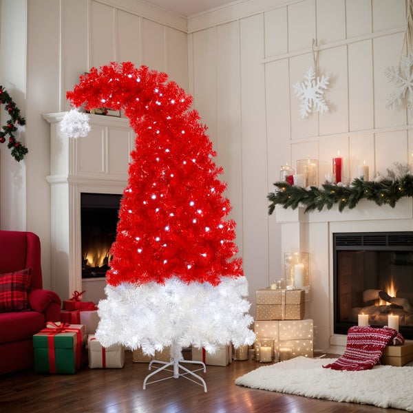 US Local 6FT Artificial Christmas Tree With LED Light, Santa's Hat Shape Artificial Whimsical Xmas Tree With 1050 Tip, Curved Xmax Tree