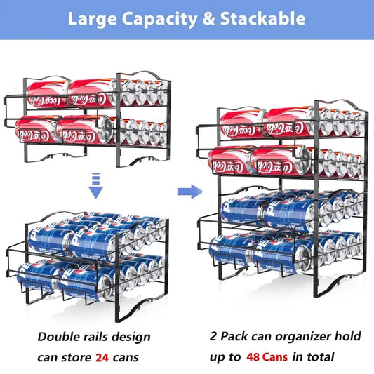 US Local 4 Tiers Can Organizer Rack, 48 Cans Soda Can Dispenser Organizer For Refrigerator, Set Of 2 Stackable Beverage Dispenser Rack