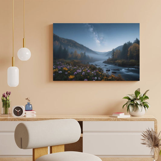 POD Decor Interior Frame Painting Horizontal, Mountain river starry autumn