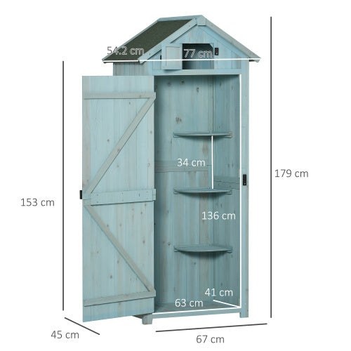 UK Local Outsunny Garden Shed Vertical Utility 3 Shelves Shed Wood Outdoor Garden Tool Storage Unit Storage Cabinet, 77 X 54.2 X 179cm - Blue