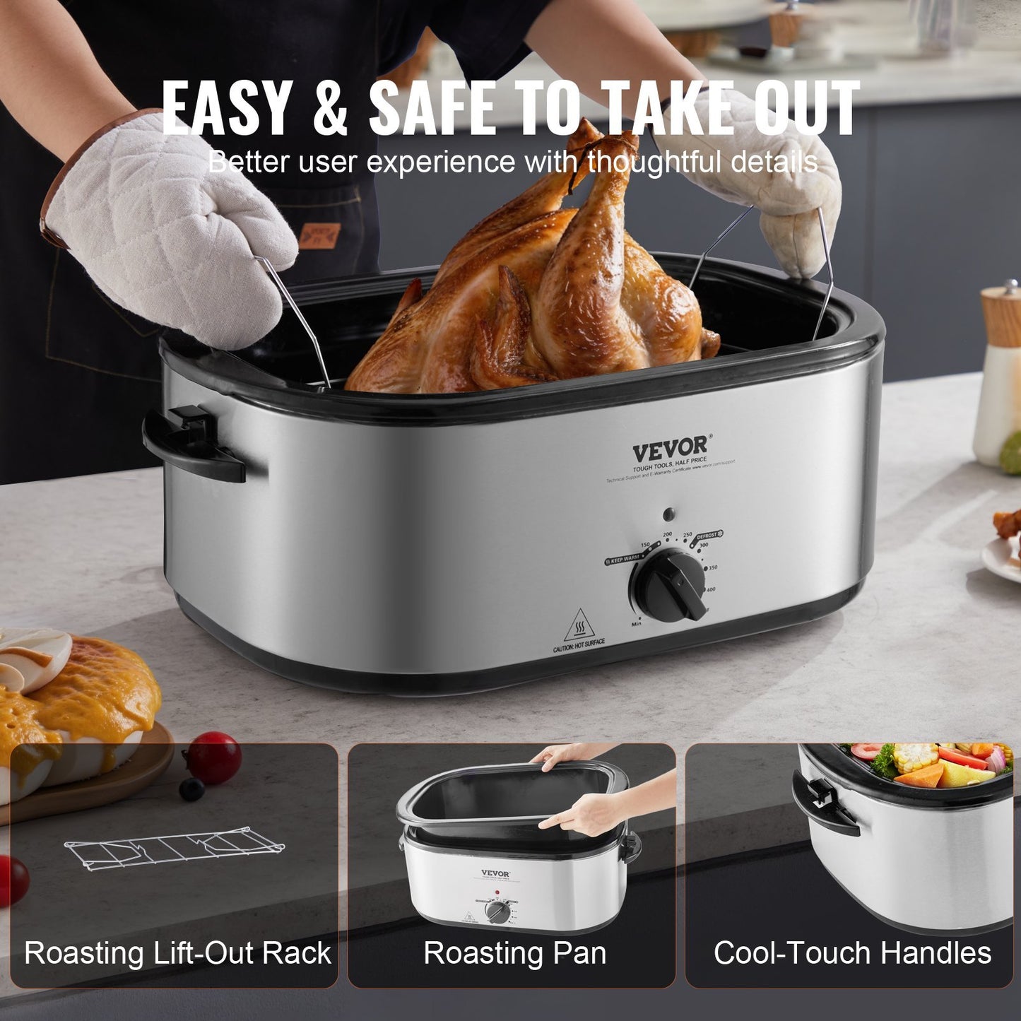 US Local Electric Roaster Oven, 24 QT Turkey Roaster Oven With Self-Basting Lid, 1450W Roaster Oven With Defrost & Warm Function, Adjustable Temp, Removable Pan & Rack, Fits Turkeys Up To 28LBS, Silver