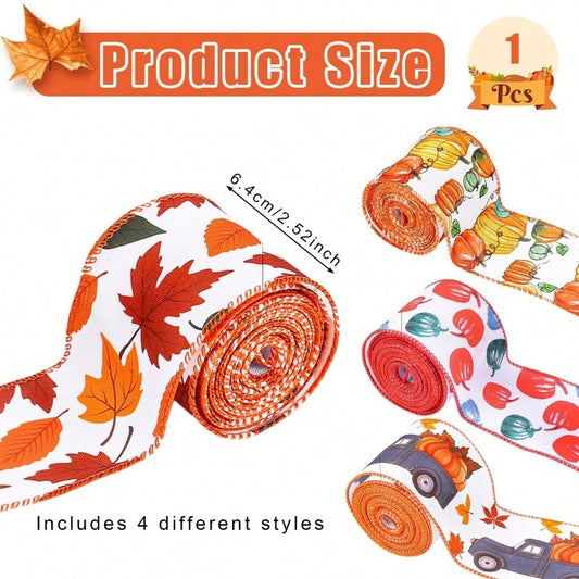 US Local 4 Rolls 20 Yards Thanksgiving Day Fall Autumn Wired Edge Ribbon Pumpkin Leaves Wired Ribbon Gingham Ribbon For Thanksgiving Decorations Party Gift Wrapping Craft DIY Project