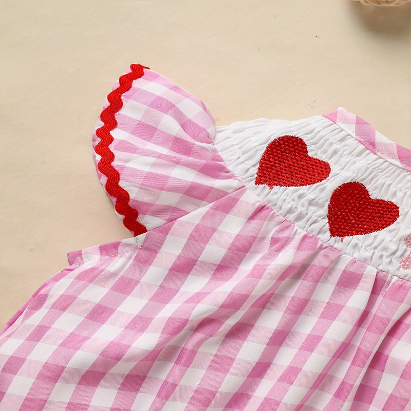 US Local Baby Girl's Short Sleeve Checkered Romper Heart Embroidery & Ruffle Detail With Back Cut-Out And Snap Closure