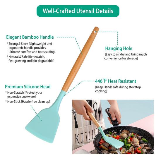 US Local 2 Color Options -- Set Of 11Pcs Silicone Cooking Utensil Set Heat Resist Wooden Handle Silicone Spatula Turner Ladle Spaghetti Server Tongs Spoon Egg Kitchenware Set With Holder