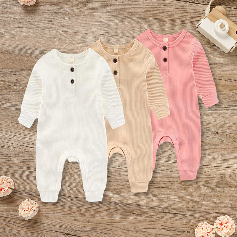 US Local 3-Pack Newborns Infants Baby Boys & Girls Long Sleeve Ribbed Romper Soft Button Front Jumpsuit