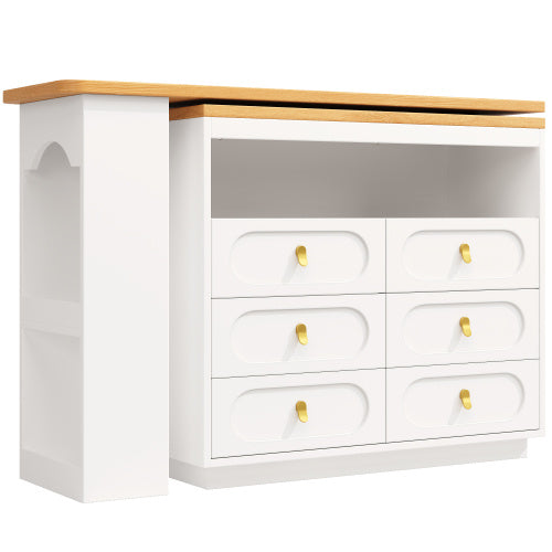 UK Local 360 Rotating Bar Table Main Body 137 X 39 X 90 Cm, Coffee Bar Furniture, Rotating Dining Bar With Storage, Kitchen Island, With Spice Rack, Six Drawers, Open Storage Space, White
