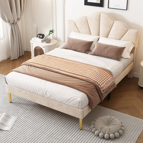 UK Local Velvet Upholstered Bed,Double Bed-4ft6 135x190cm, Shell-like Bed With Golden Iron Legs, Height-adjustable Headboard, Wooden Slatted Frame, Beige