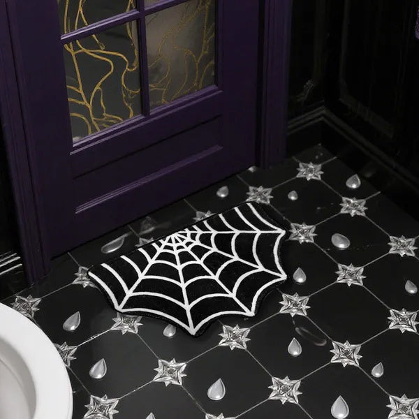 US Local 15.7 X 23.6 Inch Halloween Decor Spider Web Bath Mat For Bathroom, Gothic Cute Halloween Decoration Black White Half Circle Bath Mat Non Slip Cashmere Bath Rug Bathroom Mat Plush Shower Rugs