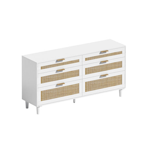 US Local Rattan Dresser With Drawers, 6 Drawer Dresser For Bedroom, Clothes Storage Cabinet For Bedroom, Metal Handle&Wood Legs For Hallway, Living Room, Bedroom,White