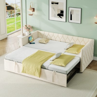 UK Local Upholstered Daybed, Sofa Bed With Charging Station, 3ft Single Button-tufted Bed With USB And Type - C Ports, Pull Out Trundle Bed For Living Room Bedroom Study Room, Linen, Grey No Mattress
