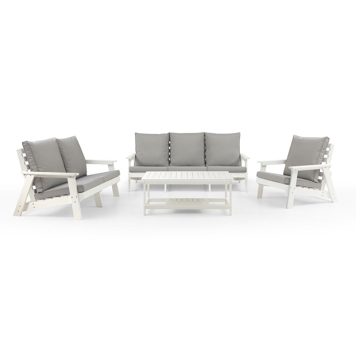 US Local HIPS 3 Seater Sofa With Cushion, Wood Grain Outdoor Garden Sofa,White Grey