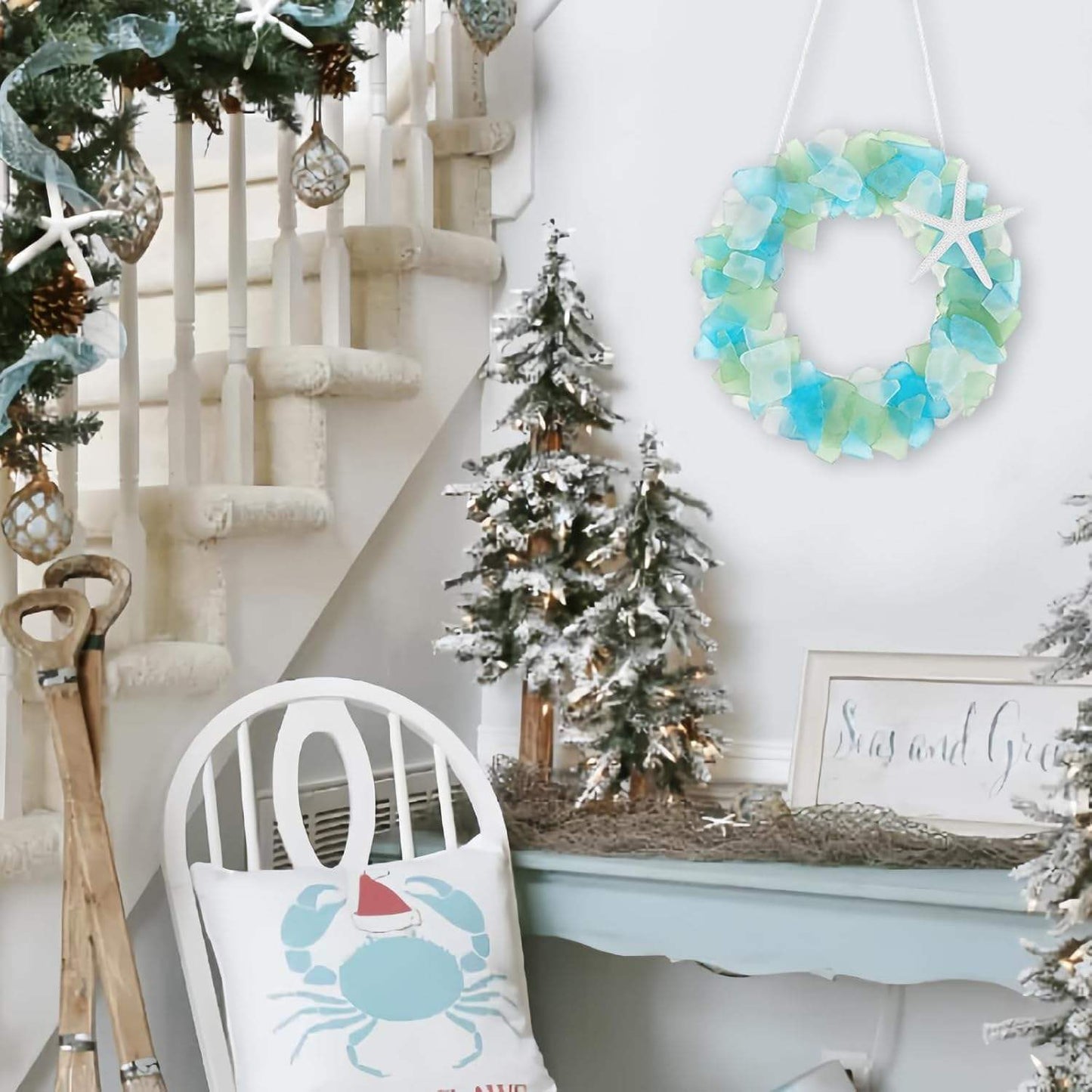 Handmade 8.5 Inch Beach Sea Glass Wreath For Coastal Style Christmas Decor