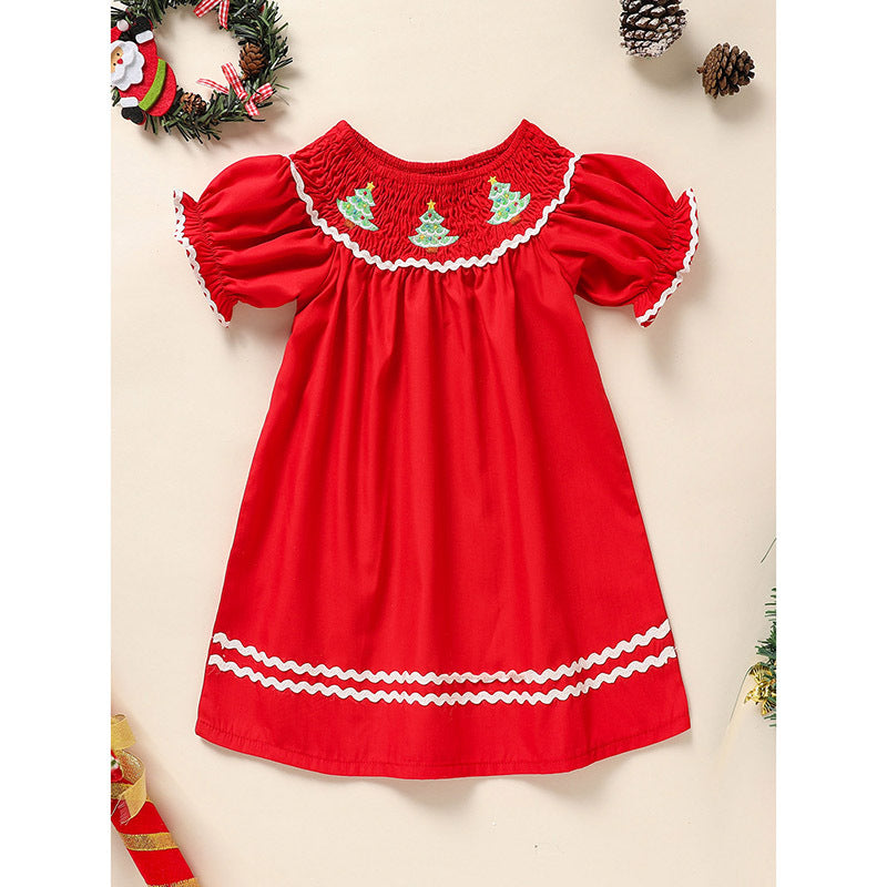 US Local Toddler Infant Girl Christmas Dress Smocked Christmas Tree Embroidery Short Sleeve Princess Party Dress