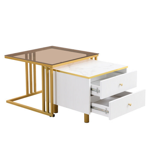 UK Local Coffee Table Set Of 2, Nesting Coffee Table With Marble Pattern, Modern Gold Nesting Side Table, Coffee Table With Drawer, Metal Frame Square End Table, Center Tables For Living Room,Bedroom And Small