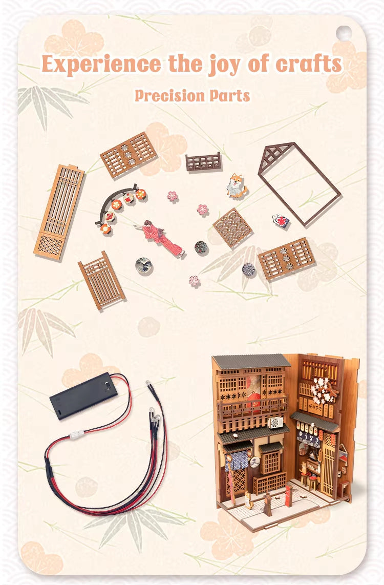 US Local CuteBee Handmade Craft Japanese Theme Sakura Theme Diy Book Nook With Light Night Light Model Dollhouse