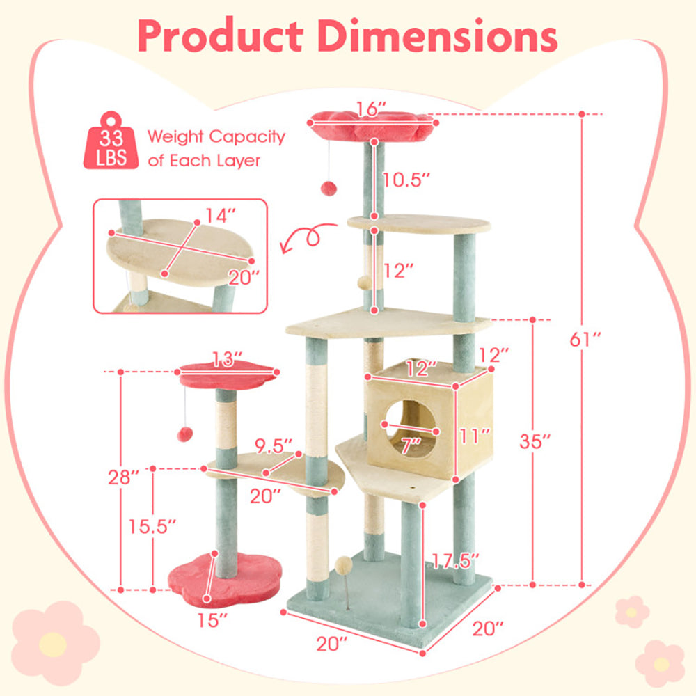 US Local 61 Inch Multi-Level Aesthetic Floral Kitten Tower With Flower-Shaped Padded Perch