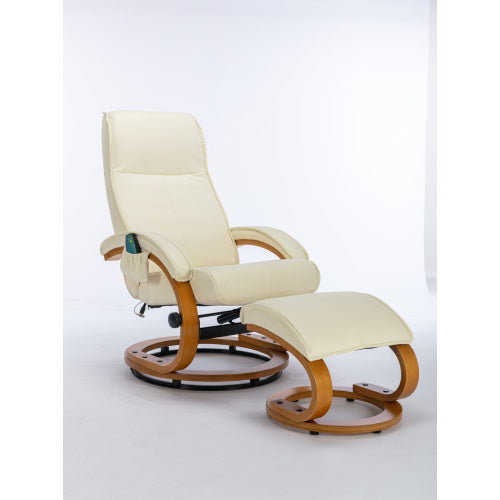 UK Local PU Upholstered Massage Recliner With Ottoman Footstool, 5 Points Massager, Bentwood Base For Living Room Bedroom, Beige