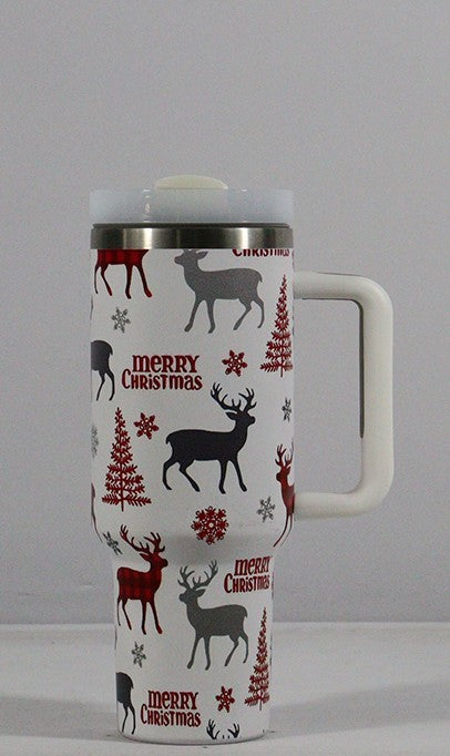 Christmas Pattern Mug With Handle Lid Straw Drinkware Stainless Steel Vacuum Tumbler Large Capacity Car Travel Coffee Cup