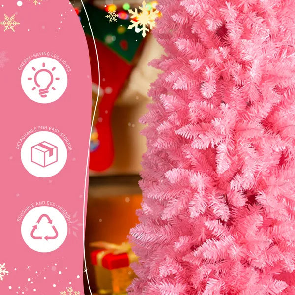 US Local 7.5 FT Hinged Christmas Tree, Artificial Pencil Christmas Tree, Unlit Artificial Christmas Pine Tree With 1075 Branch Tips And Sturdy Stand, Pink