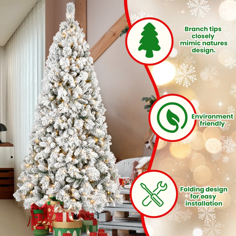 US Local 5 ft Velvet Christmas Tree With 250 Warm White LED Lights - 518 Tips, Snowy PVC And Stiff Needle Branches, Hinged Design For Easy Setup, Sturdy Metal Stand - Panoramic Realistic Holiday Tree