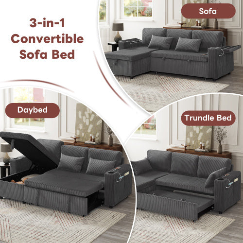 UK Local 3 In 1 Convertible Corduroy Sofa Bed With Storage Chaise, L Shaped Sleeper Sofa Couches With Armrest Storage And Charging Station. Pullout Sectional Daybed For Living RoomBedroomOffice, Grey