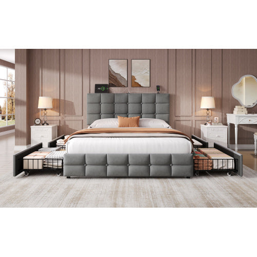 UK Local 4ft6 Double Upholstered Bed With 4 Storage Drawers, Velvet Bed Frame With Charging Station. Adjustable Button Tufted Headboard With USB And Type - C Ports, No Box Spring Needed, Grey No Mattress