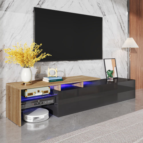 UK Local Modern TV Cabinet Design Stylish And Elegant, Practical Storage Space, Black And Wood Look, Glass Shelves, LED Lighting