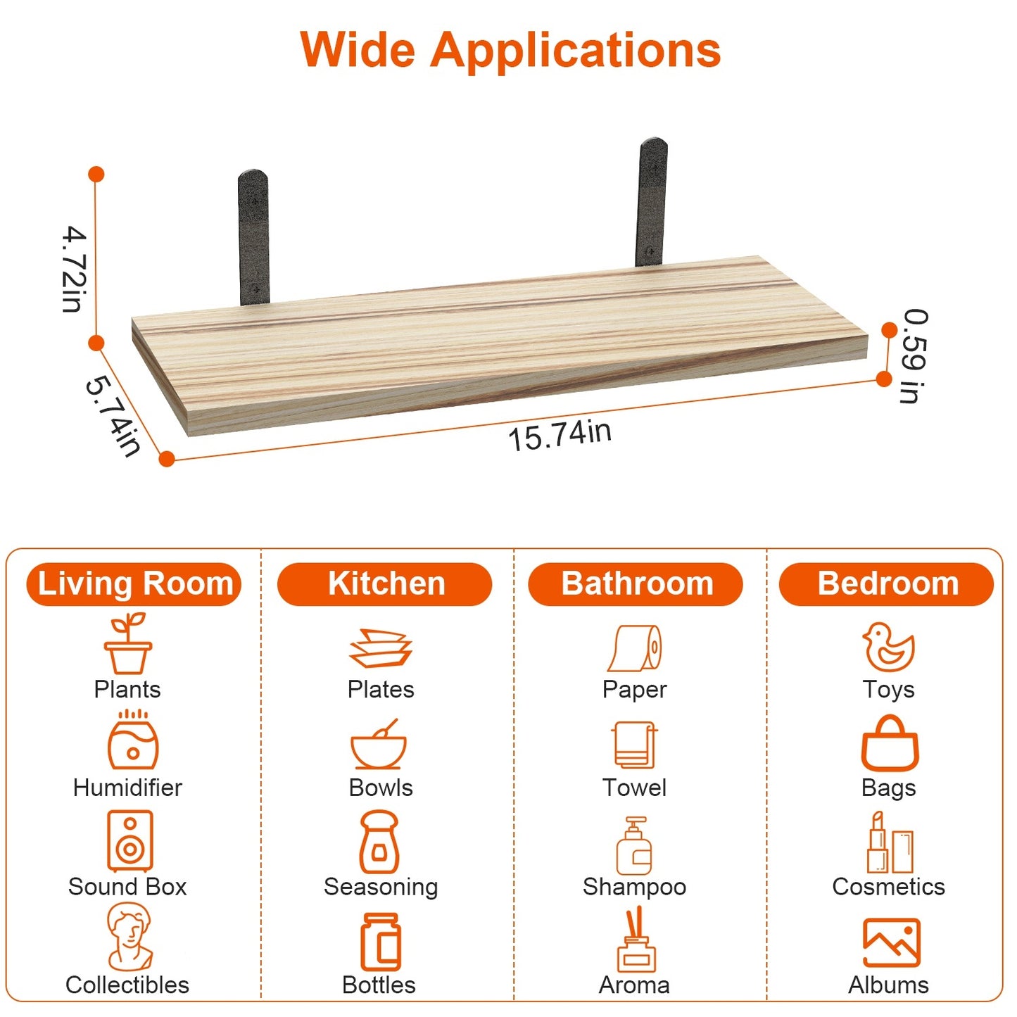 US Local 6 Sets Floating Shelves 15.74x5.74Inch Wall Mounted Shelves Wood Storage Shelves Metal Bracket Hanging Display Shelf Wall Organizer For Living Room Bathroom Kitchen Decor