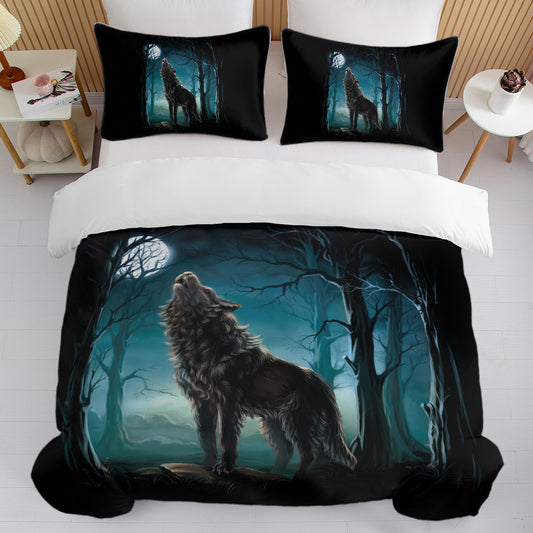 US Local Moon Wolf Bedding Green Watercolor Forest Wolf Landscape Duvet Cover Sets 3 Pieces Wild Animal Bedding Set Twin Full Queen King Size