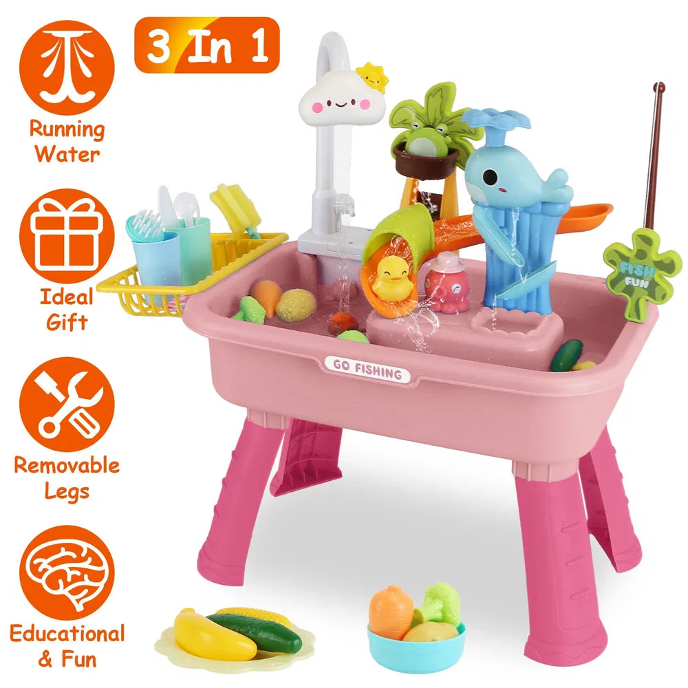 US Local 3 In 1 Kitchen Sink Toy With Electric Faucet Water Table Fishing Game Role Play Sink Set Indoor Outdoor For Kids Aged 3+ Years Old GPCT5464