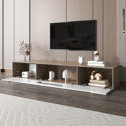 UK Local TV Cabinet, High Gloss TV Cabinet, Color Matching High-glosswhite And Wood Color, With Color Changing LED Light.