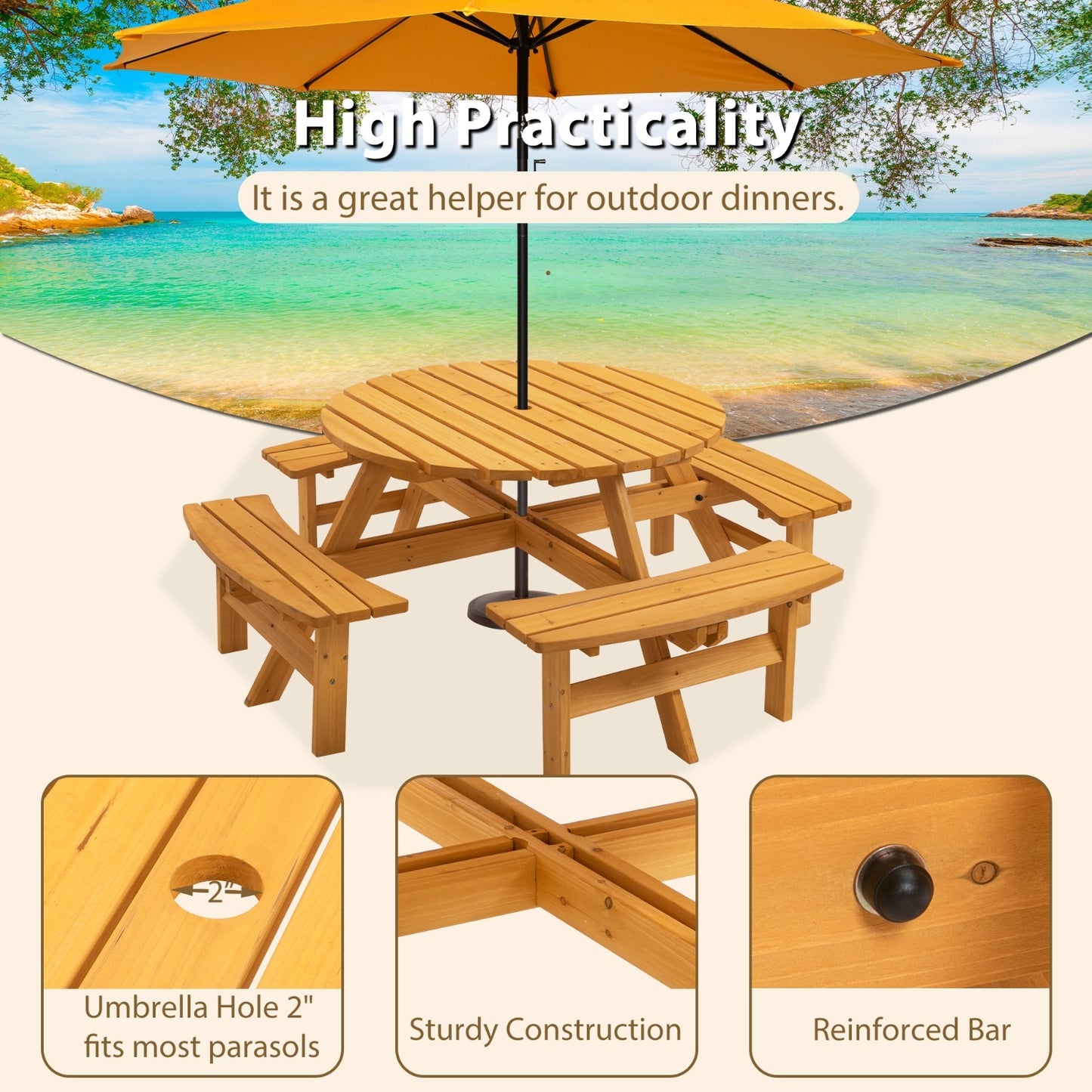 US Local 8 Person Wooden Picnic Table Outdoor Camping With 4 Built-in Benches