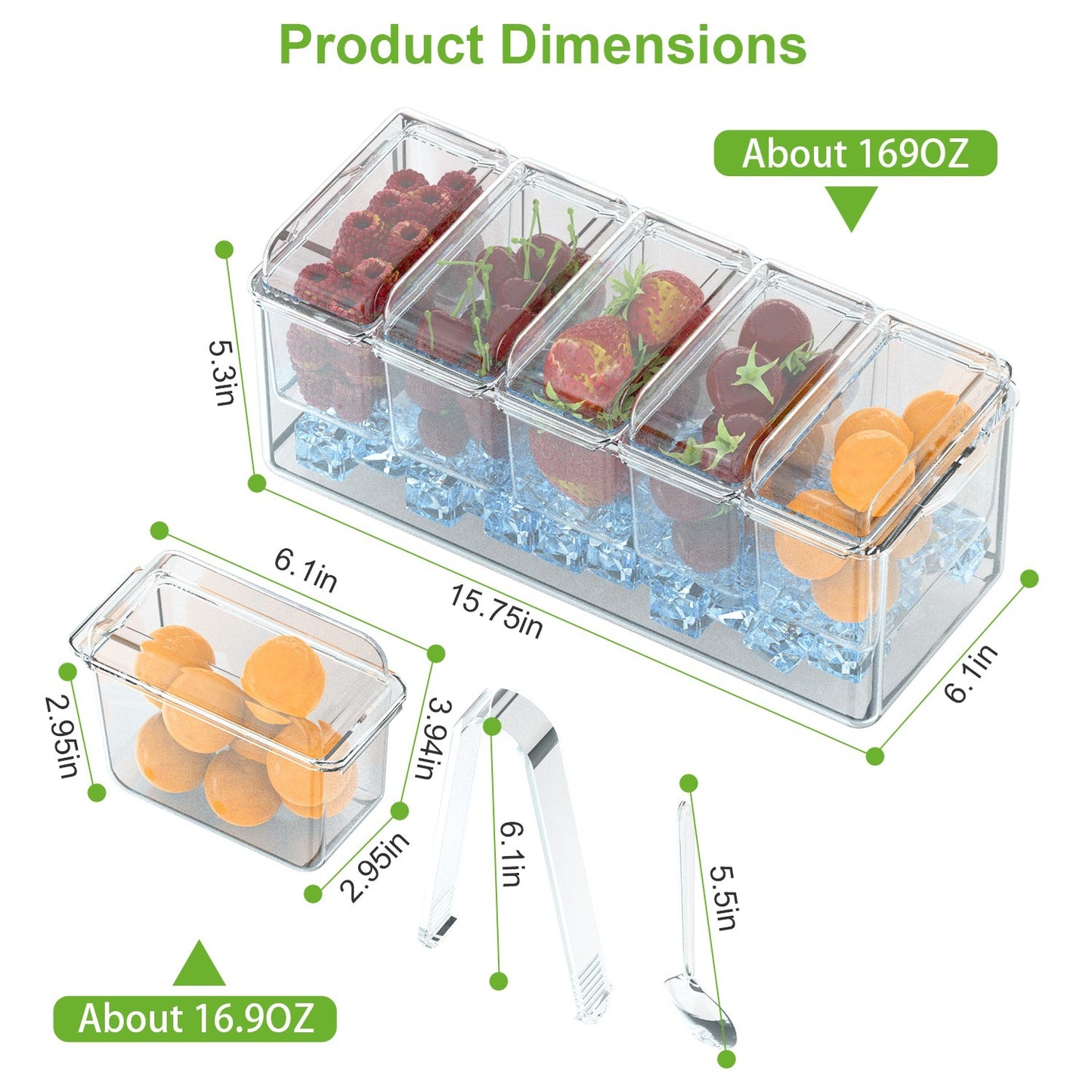 1Set Ice Chilled Condiment Caddy Serving Tray Container Bar Garnish Holder Salad Platter Server Food Storage With 5 Removable Containers 5 Lids 2 Tongs 5 Sporks