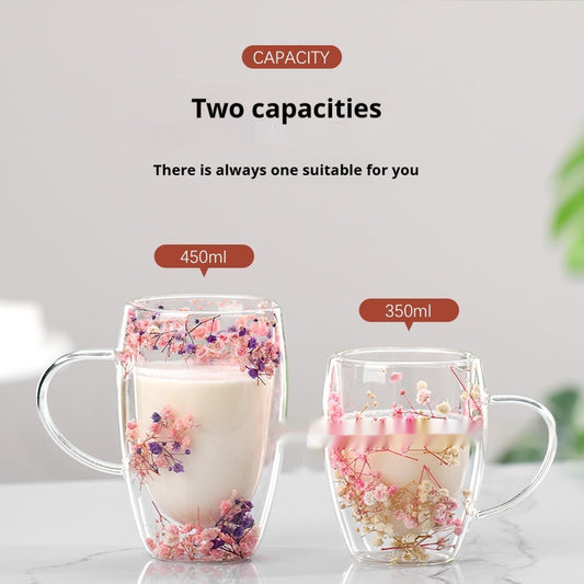 Real Flower Double Layer Glass Cup Good-looking Starry Sky