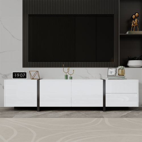UK Local TV Cabinet, White High-gloss Cabinet And Black Contrasting Table Legs, With Simple Cabinet Doors And Drawers.