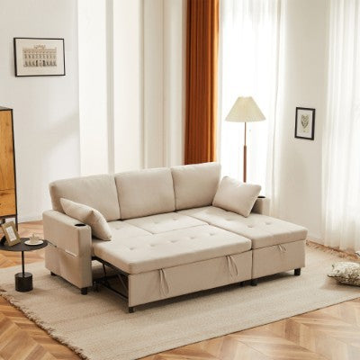 UK Local Sofa Bed, L-Shaped Corner Sofa, 3 Seater Pull Out Sofa With Storage, Convertible Settee Sectional Sofa For Living Room, Office, Beige