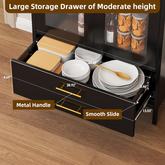 US Local 73 In Tall Metal Arched Cabinet, Kitchen Pantry Cabinet With Glass Doors, Modern Farmhouse Arched Bookcase With 2 Drawers And 2 Adjustable Shelves For Living Room, Black, Assembly Required