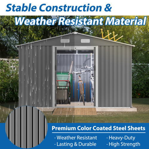 10X8 FT Outdoor Storage Shed, Metal Foundation & Lockable Doors, Tool Shed For Garden, Patio, Backyard, Lawn, Grey