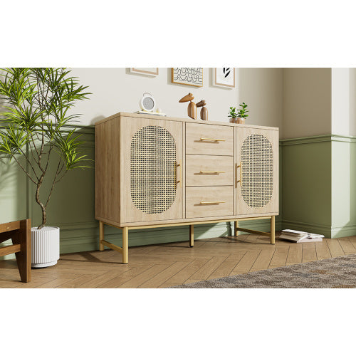UK Local Rattan Sideboard Storage Cabinet With 2 Doors 3 Drawers, Storage Cabinet For Living Room, Bedroom, And Hallway, Metal Handles, Adjustable Shelves, Anti-Tip, 120 X 40 X 74 Cm, Oak