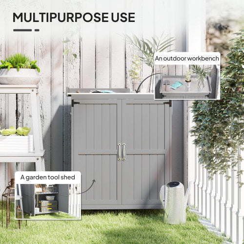 UK Local Outsunny Wooden Garden Shed, Garden Tool Storage Shed With Hinged Roof And Shelf, Outdoor Storage Cabinet With Double Doors, Grey
