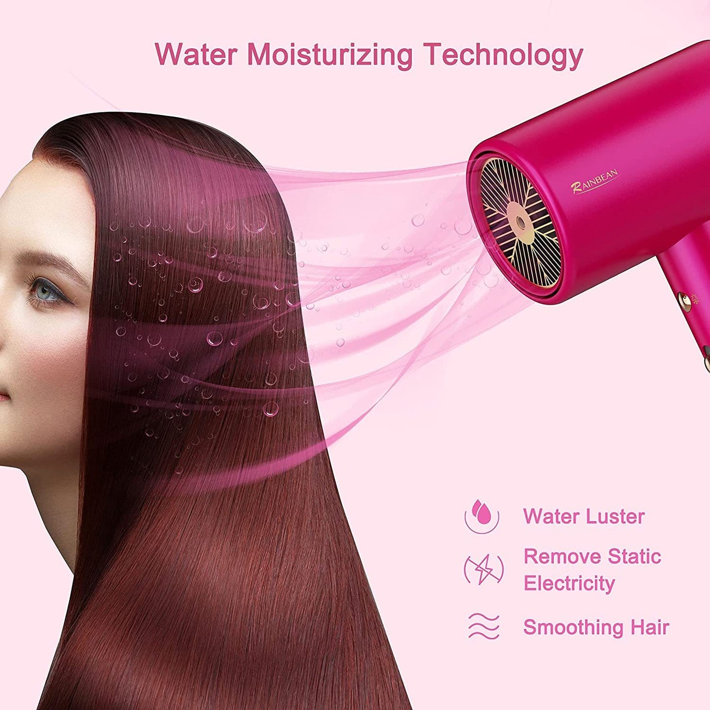 USA Local Water Ionic Hair Dryer, 1800W Blow Dryer With Magnetic Nozzle 2 Speed And 3 Heat Settings Powerful Low Noise Fast Drying Travel Hair Dryer For Home Travel