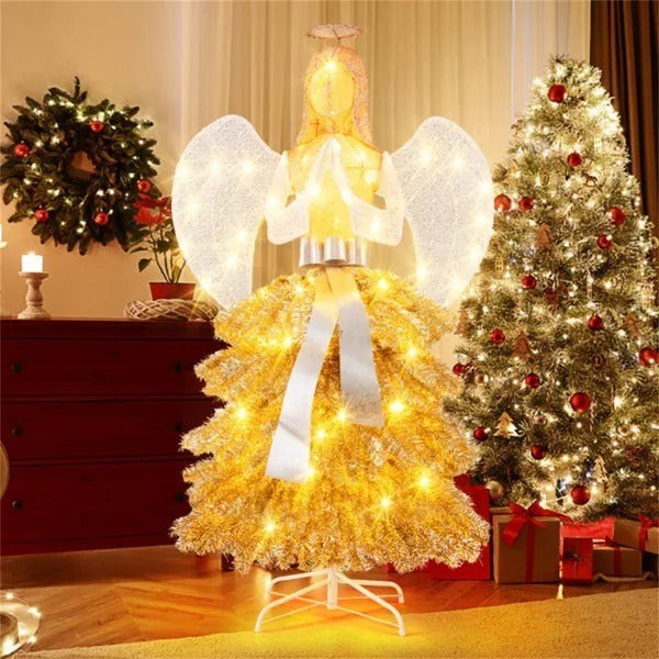 5.2ft Pre-Lit Angel Christmas Tree - 150 Warm White LEDs, Golden White Design With Angel Figure Shimmering Leaves