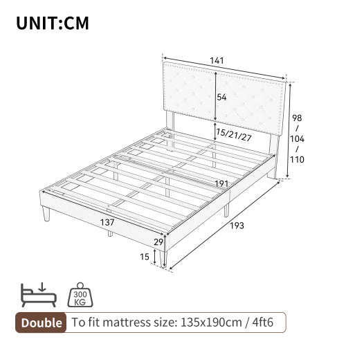 UK Local 4ft6 Double Upholstered Velvet Bed Frame, With Adjustable Button-Tufted Riveted Headboard, Velvet Platform Bed Frame With Solid Wood Slat And Mute Foam, No Box Spring Needed, Easy Assembly, Beige