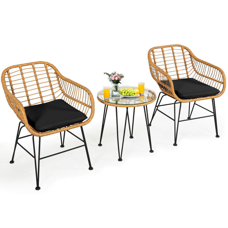 US Local 3 Pieces Rattan Furniture Set With Cushioned Chair Table