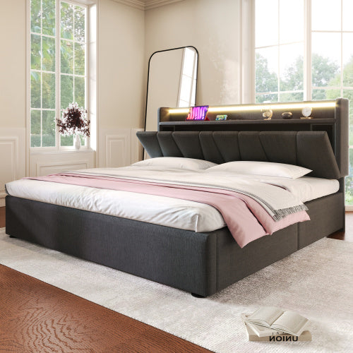 UK Local Upholstered Double Bed With USB Charging Function, Storage Headboard And LED Lighting, 5ft King Size Bed Storage Bed Frame 150 X 200 Cm, Wooden Slatted Frame, Grey No Mattress