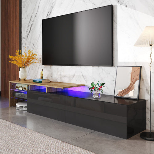 UK Local Modern TV Cabinet Design Stylish And Elegant, Practical Storage Space, Black And Wood Look, Glass Shelves, LED Lighting