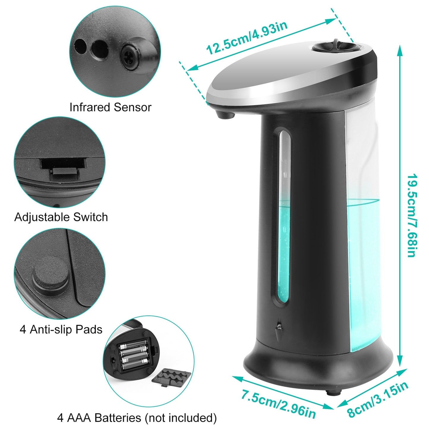 US Local 1Pc Automatic Soap Dispenser 400ML 16.9OZ Anti-slip Sensor Refillable Hand Gel Desktop Dispenser 2 Drop Volume Adjustment